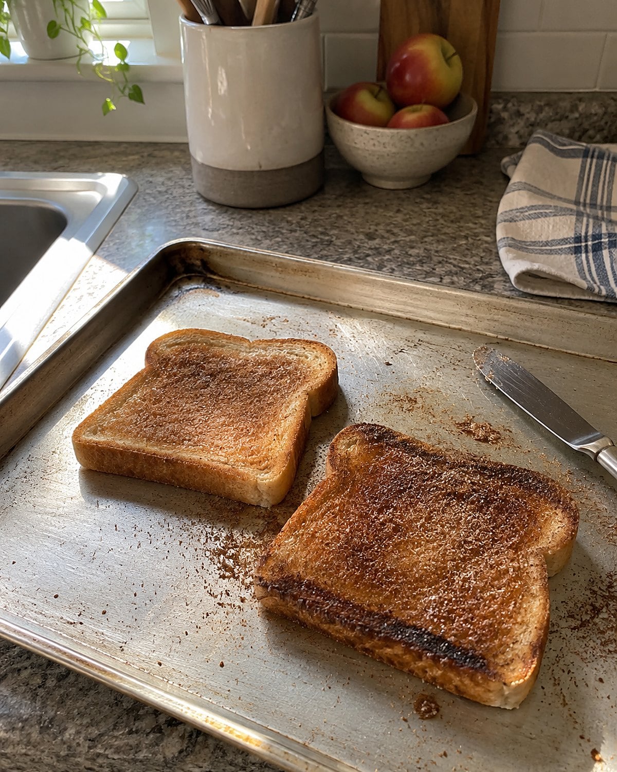 Two slices of cinnamon toast on a baking sheet beside a butter knife.