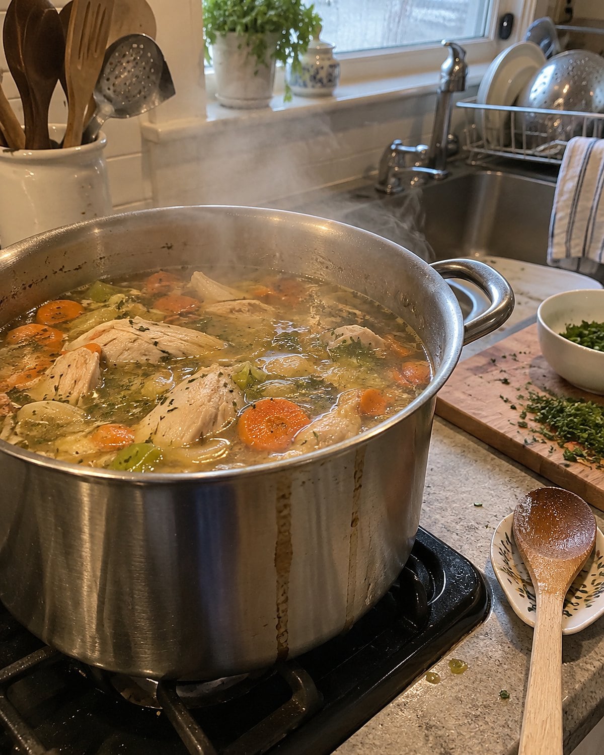 A steaming pot of chicken soup on the stove beneath a fogged kitchen window.