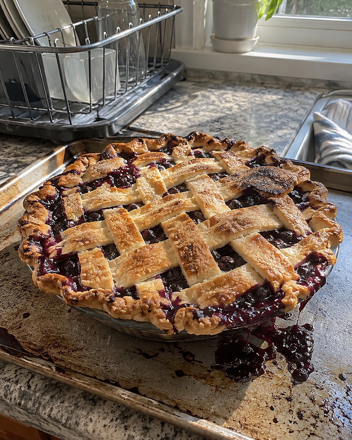 A fruit pie cooling by an open window, with a little filling spilled onto its baking sheet.