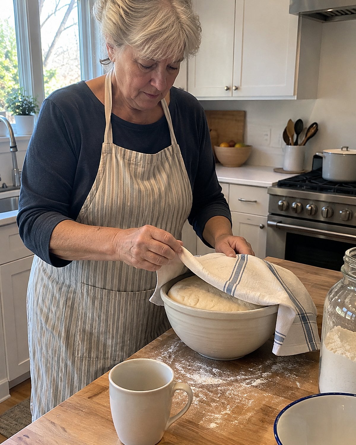 A hand lifting the corner of a flour-dusted towel from a bowl of risen dough.