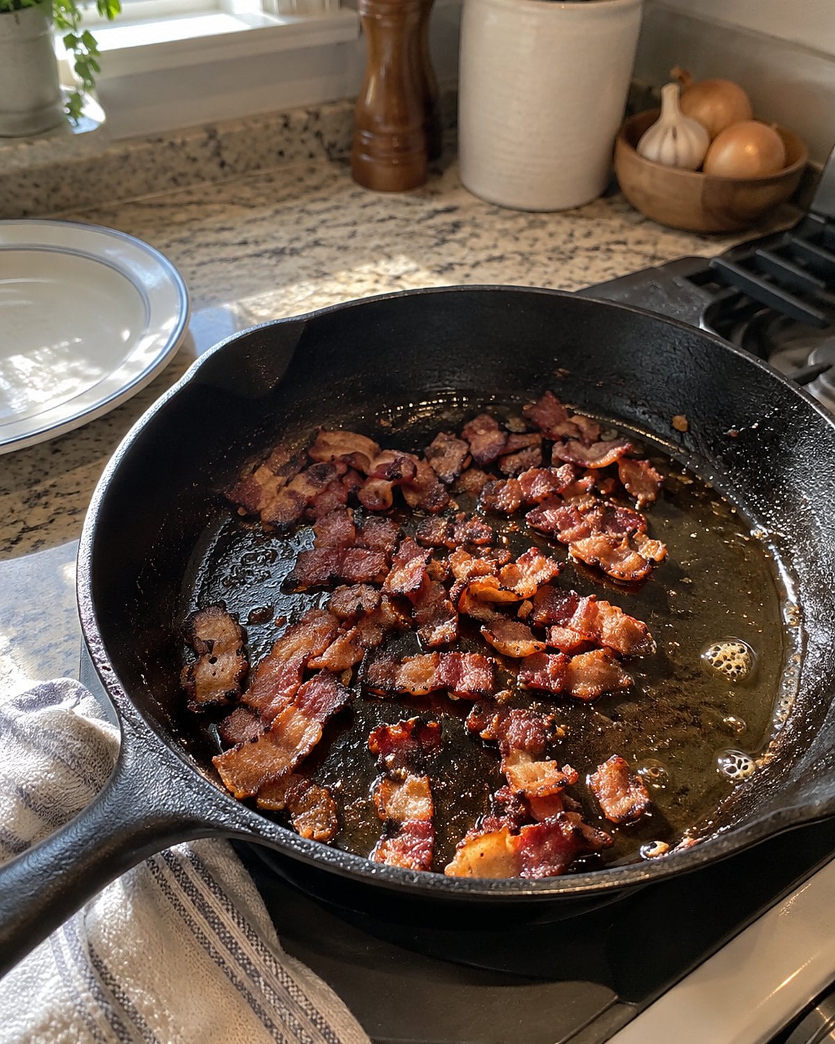 A cast-iron skillet with brown bacon bits and a folded dish towel beside it.