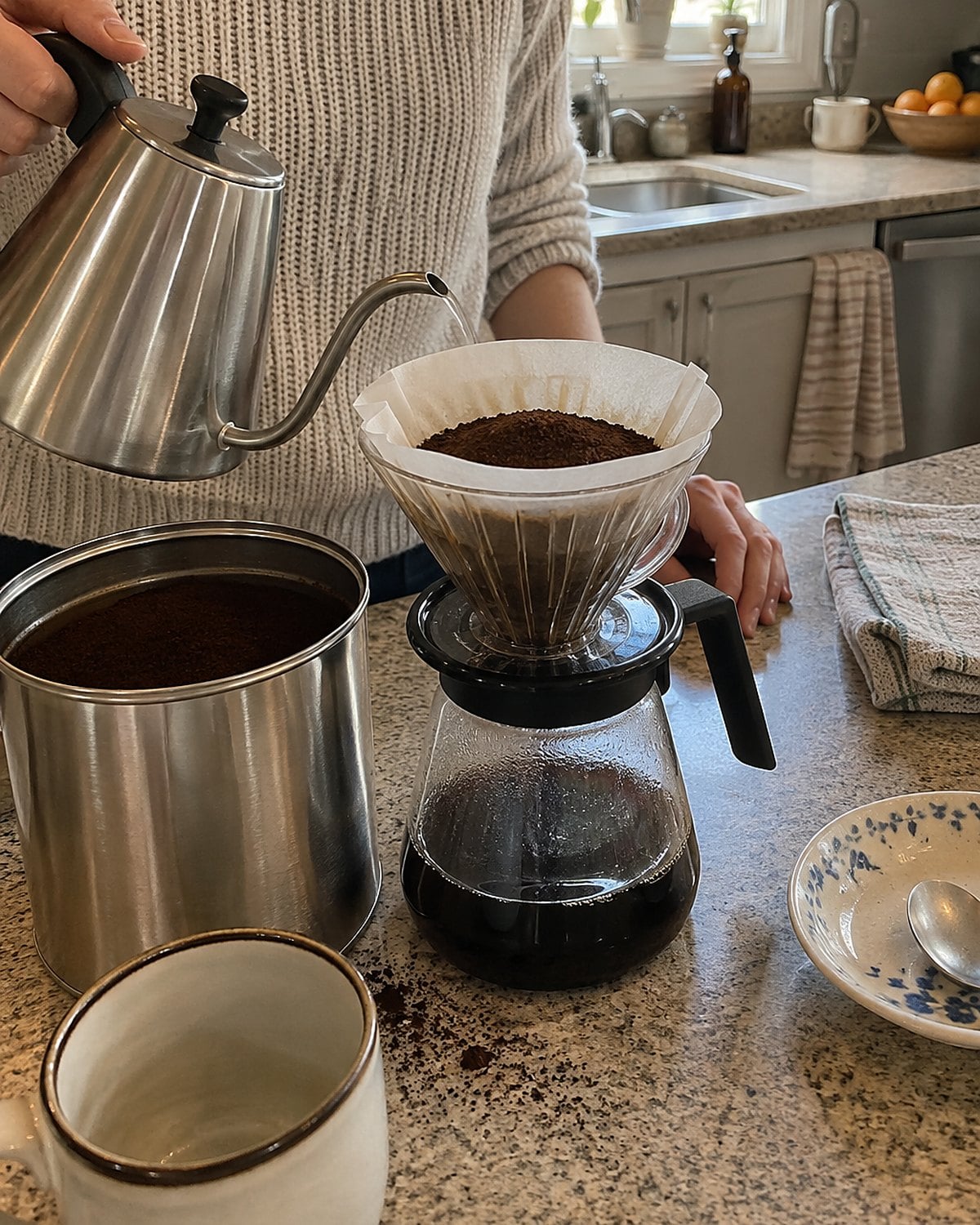 An open coffee tin and a filter of fresh grounds on a kitchen counter beside a small coffee pot.