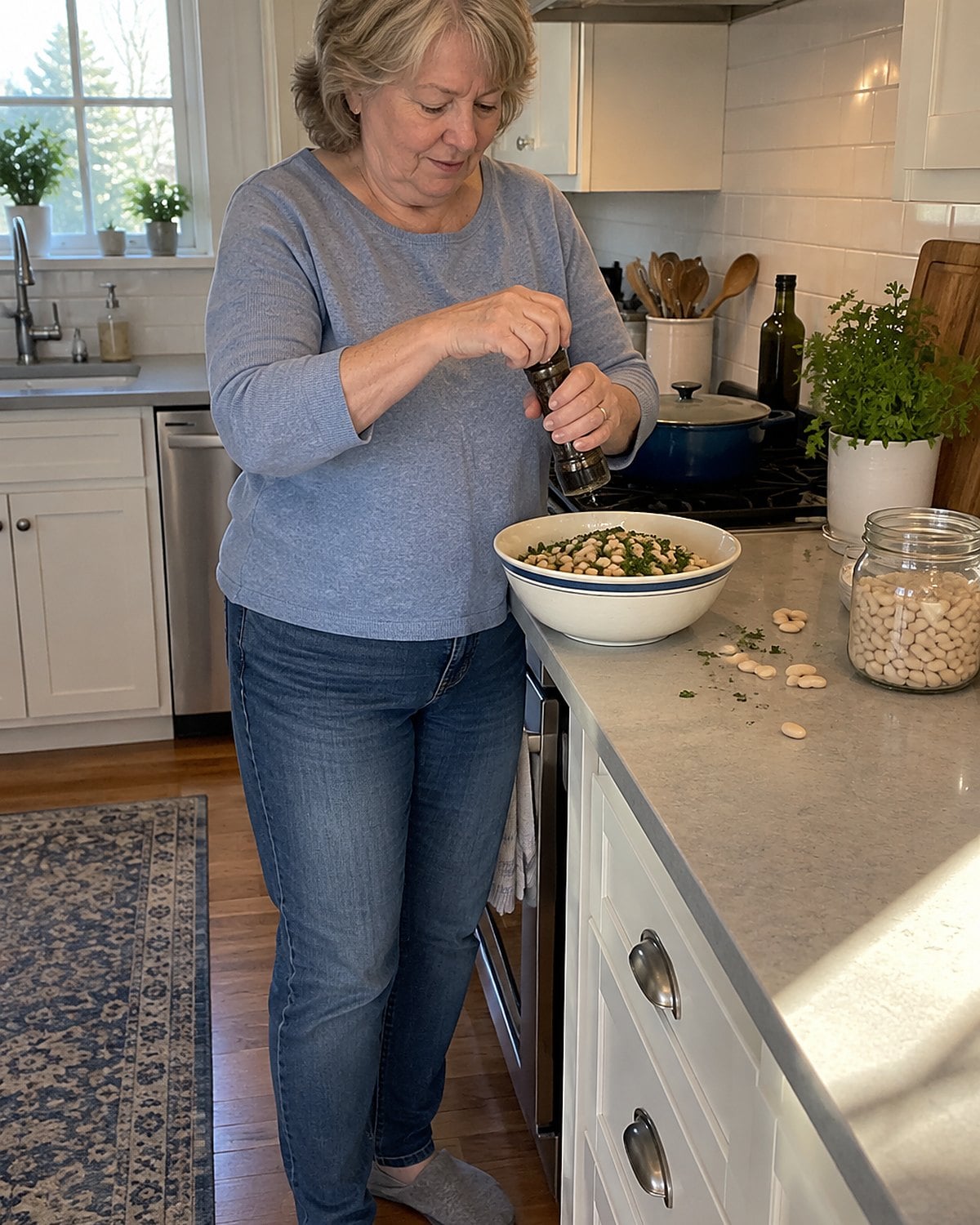 A hand grinding black pepper over a bowl of beans beside the stove.