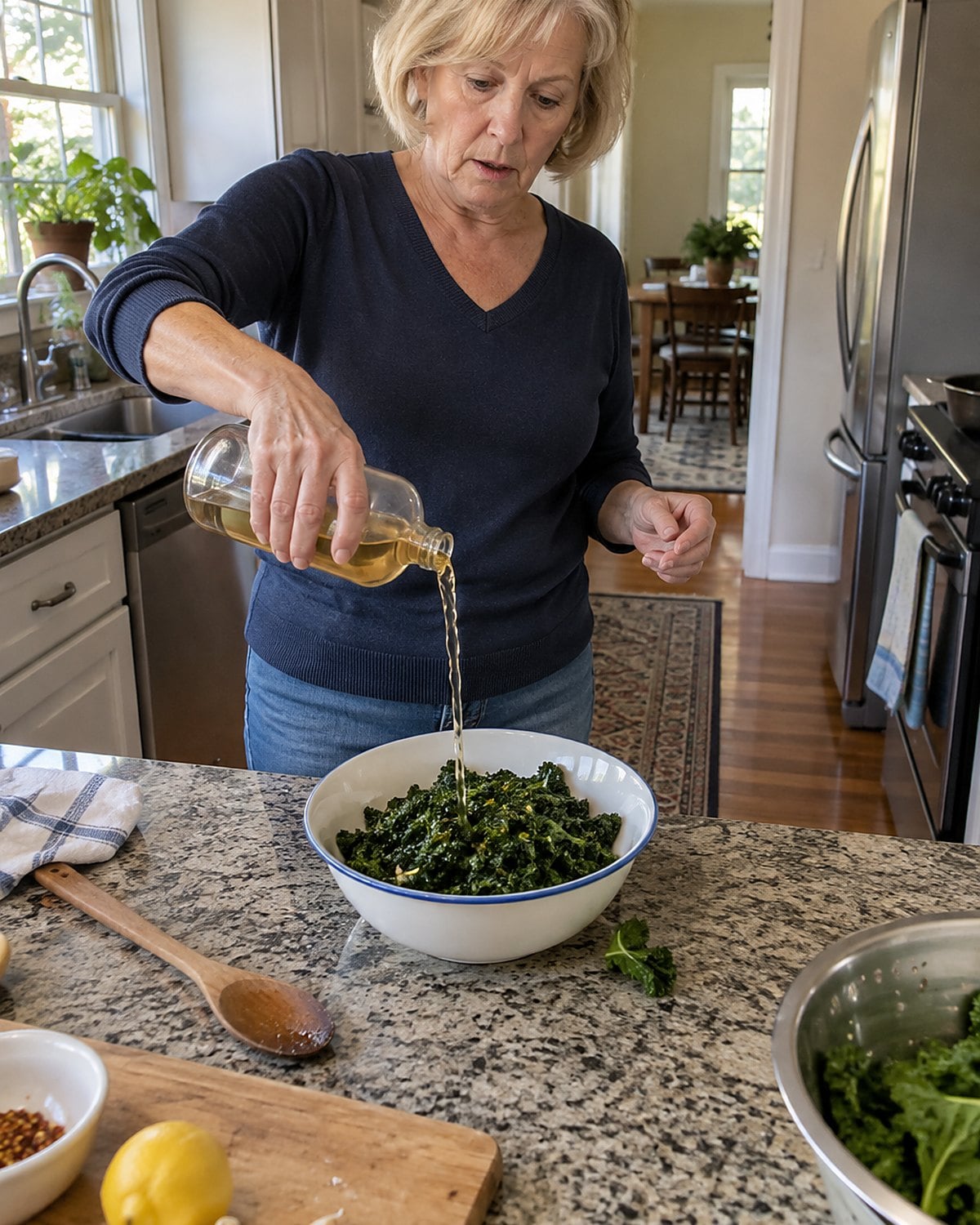 A hand tipping vinegar from a bottle over a bowl of cooked greens.
