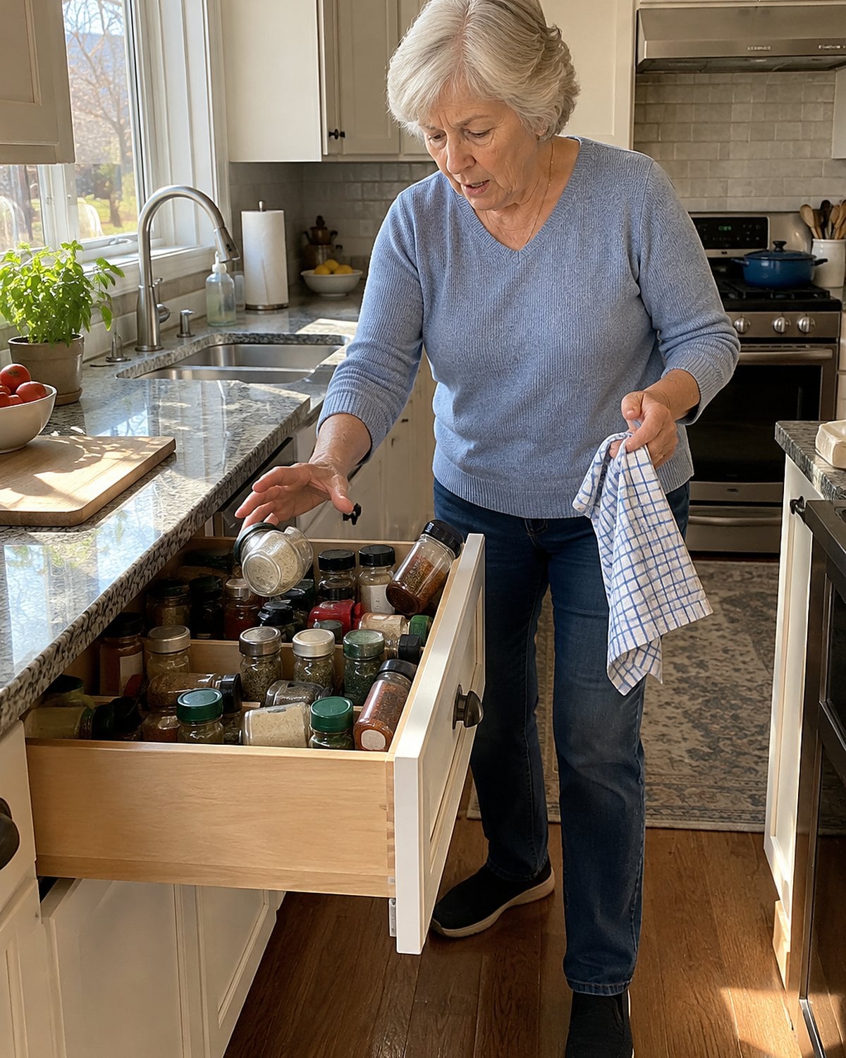 A hand opening a crowded spice drawer with several jars tipped on their sides.