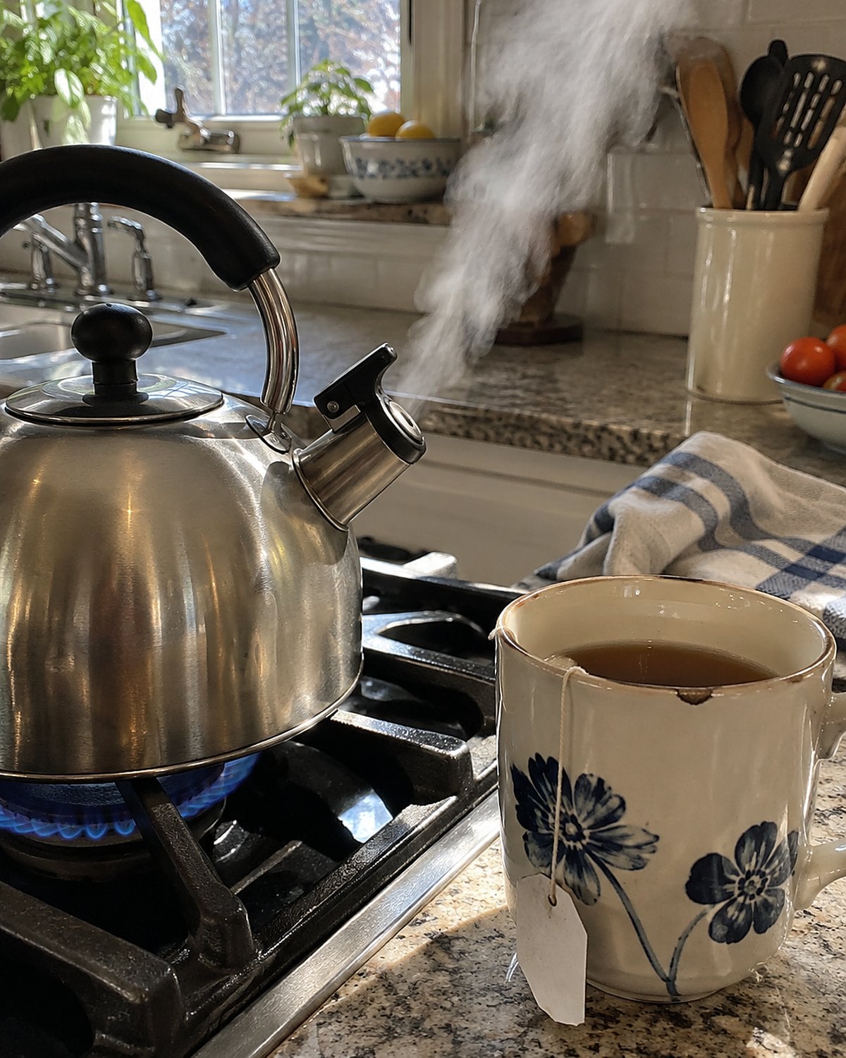 A whistling stove kettle beside a mug holding a tea bag.