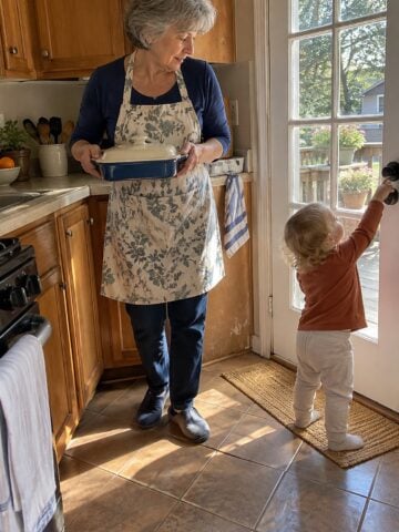 At a neighbour's kitchen doorway around noon, a woman holds a covered dish while a small grandchild beside her reaches toward the door, nobody posing.