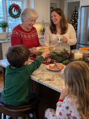 Three generations gather mid-conversation at a Christmas kitchen island in the evening, with a plate of treats and grandchildren on stools, nobody posing.