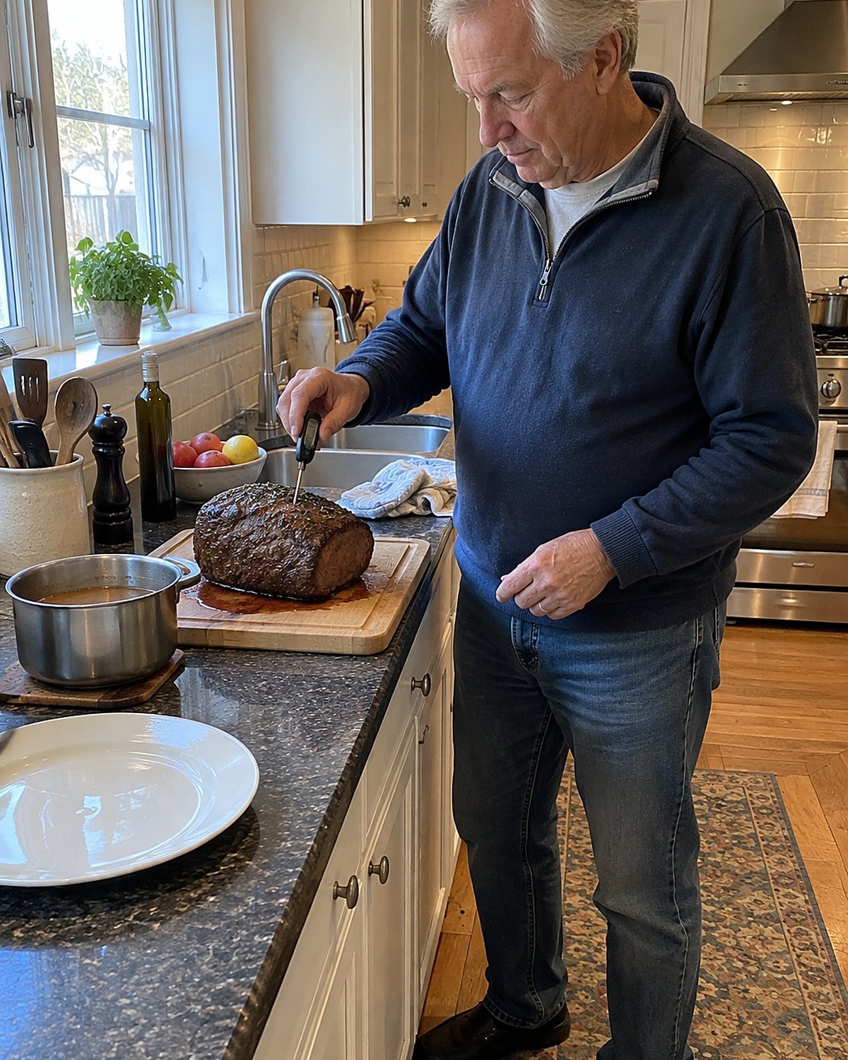 A hand checking roast beef with a thermometer on a cutting board beside a small saucepan.