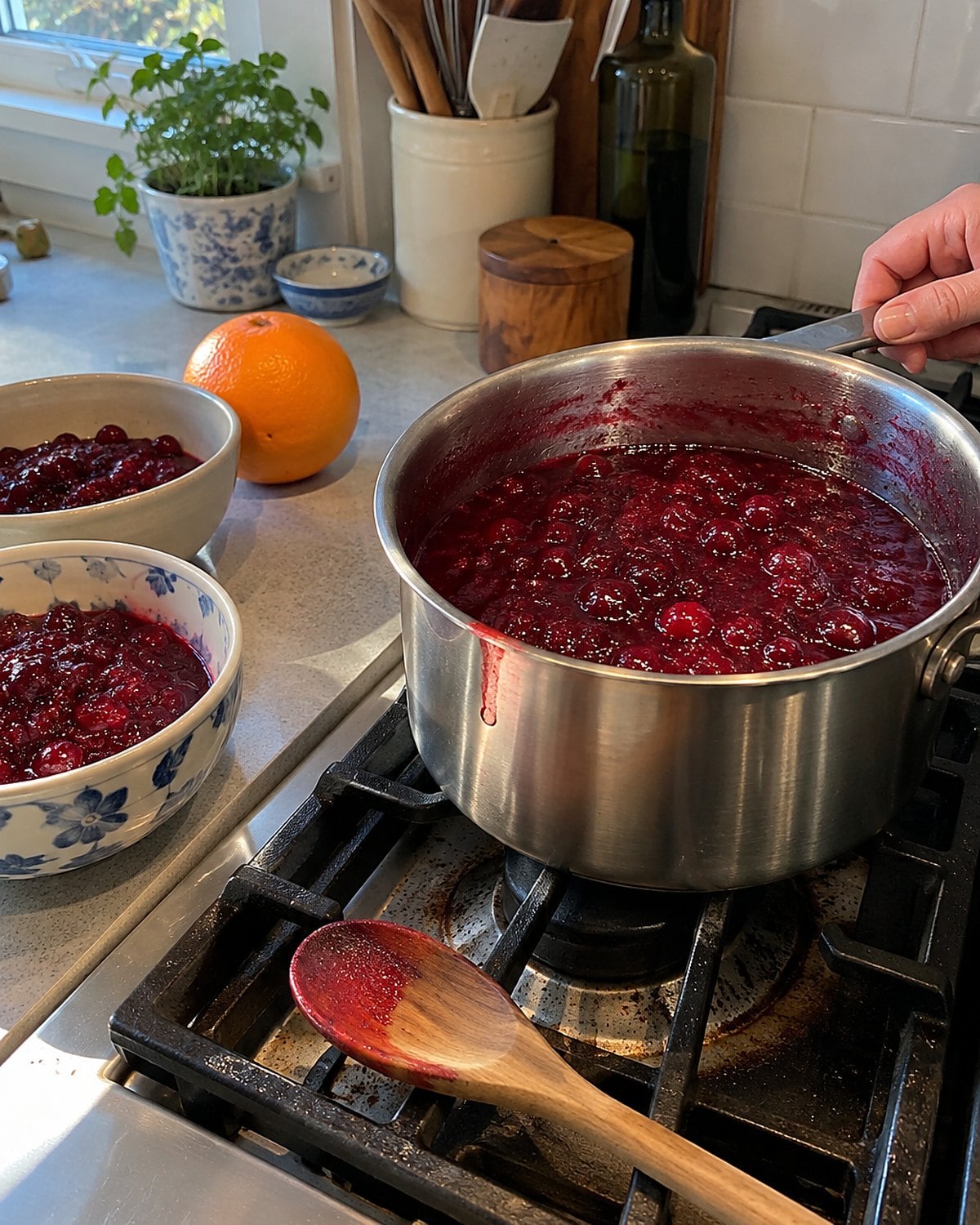A saucepan of cranberry sauce beside an orange and two separate serving bowls on the stove.