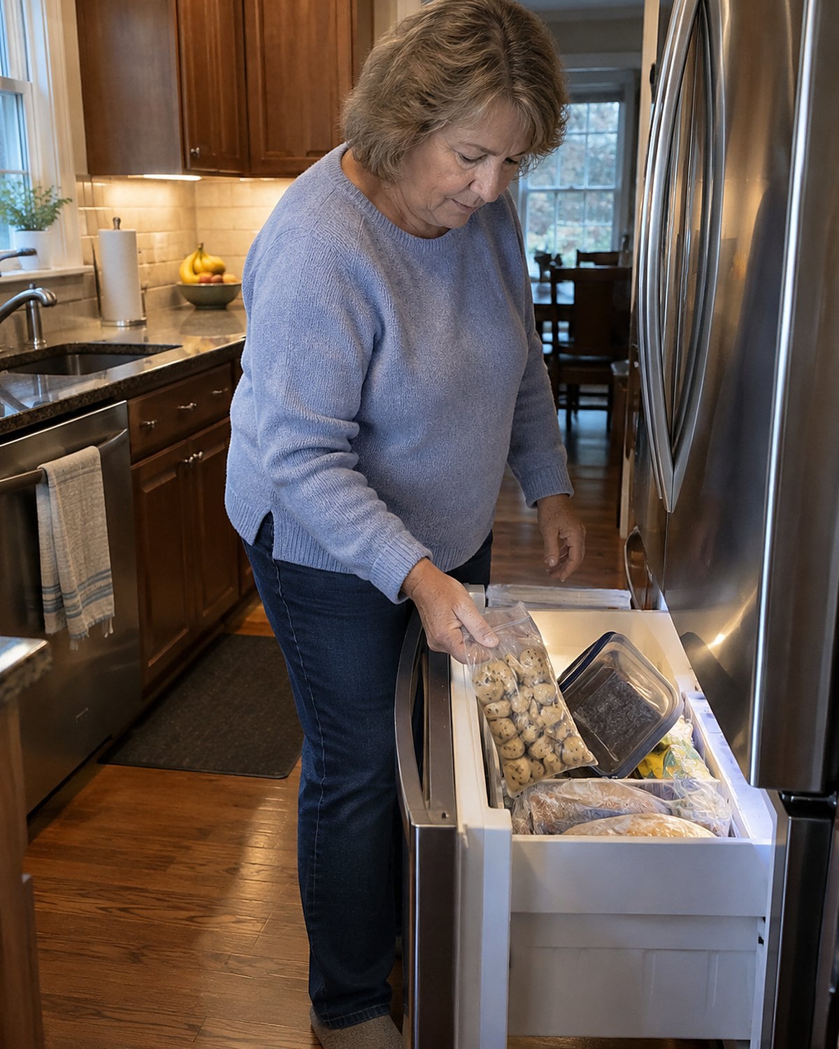 A hand pulling a freezer bag of cookie dough from a crowded freezer drawer.