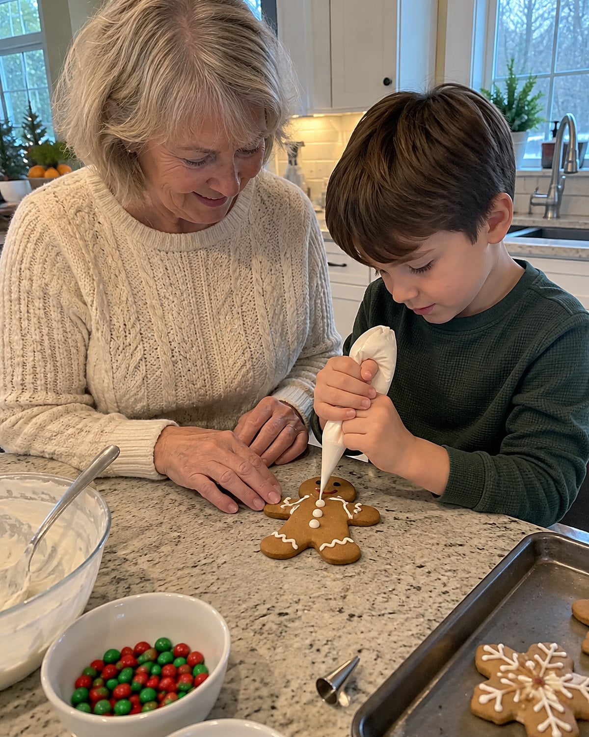 Grandchildโs hands piping icing buttons onto a gingerbread cookie at the kitchen island.