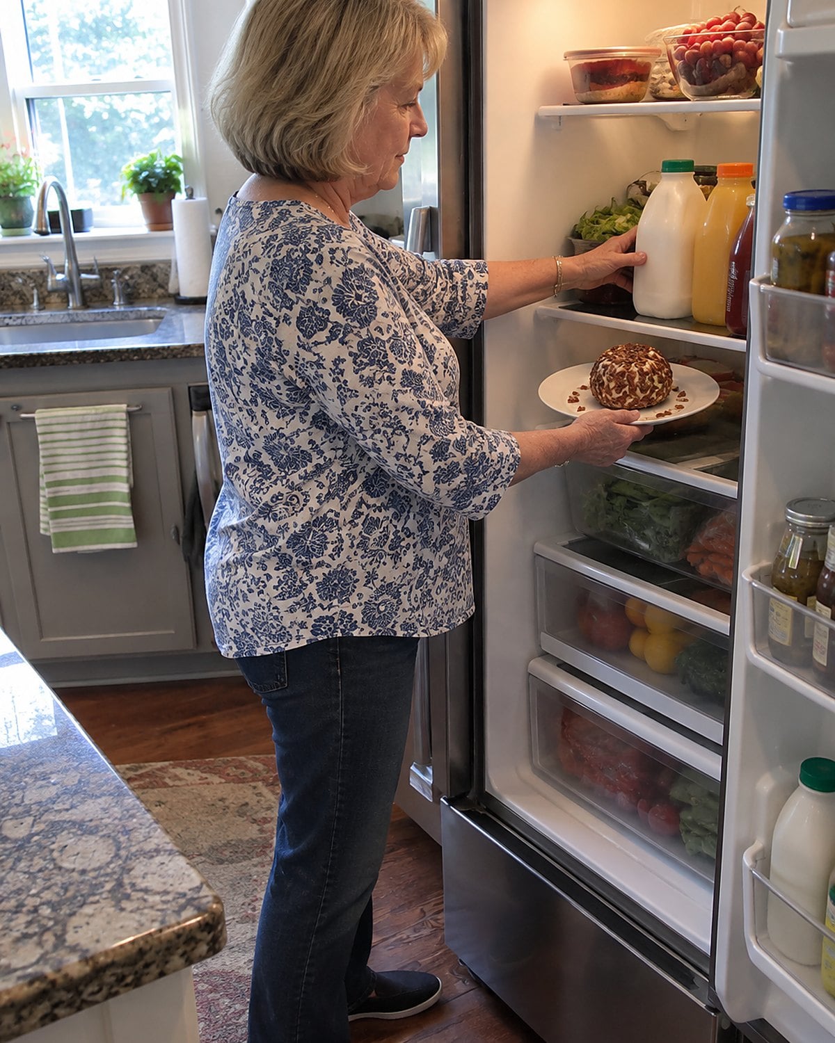 A pecan-coated cheese ball on a plate inside an open refrigerator, with hands moving bottles aside.