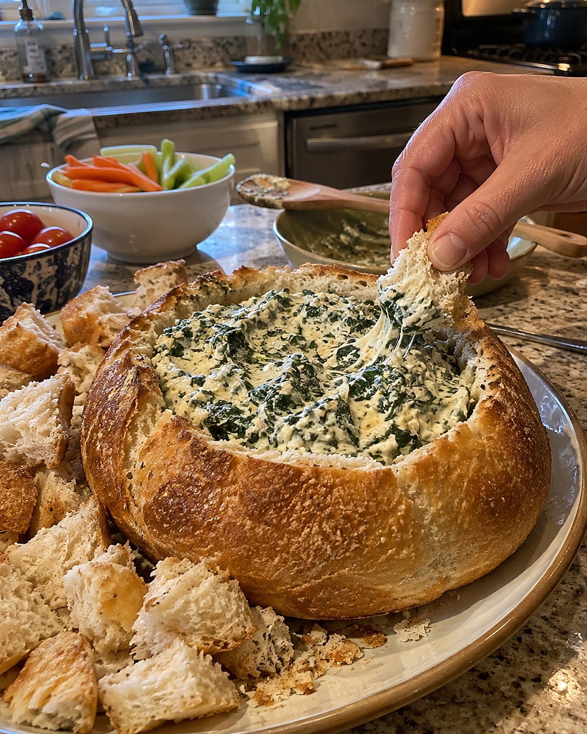 A hollow bread bowl with spinach dip beside torn bread on a crowded kitchen counter.