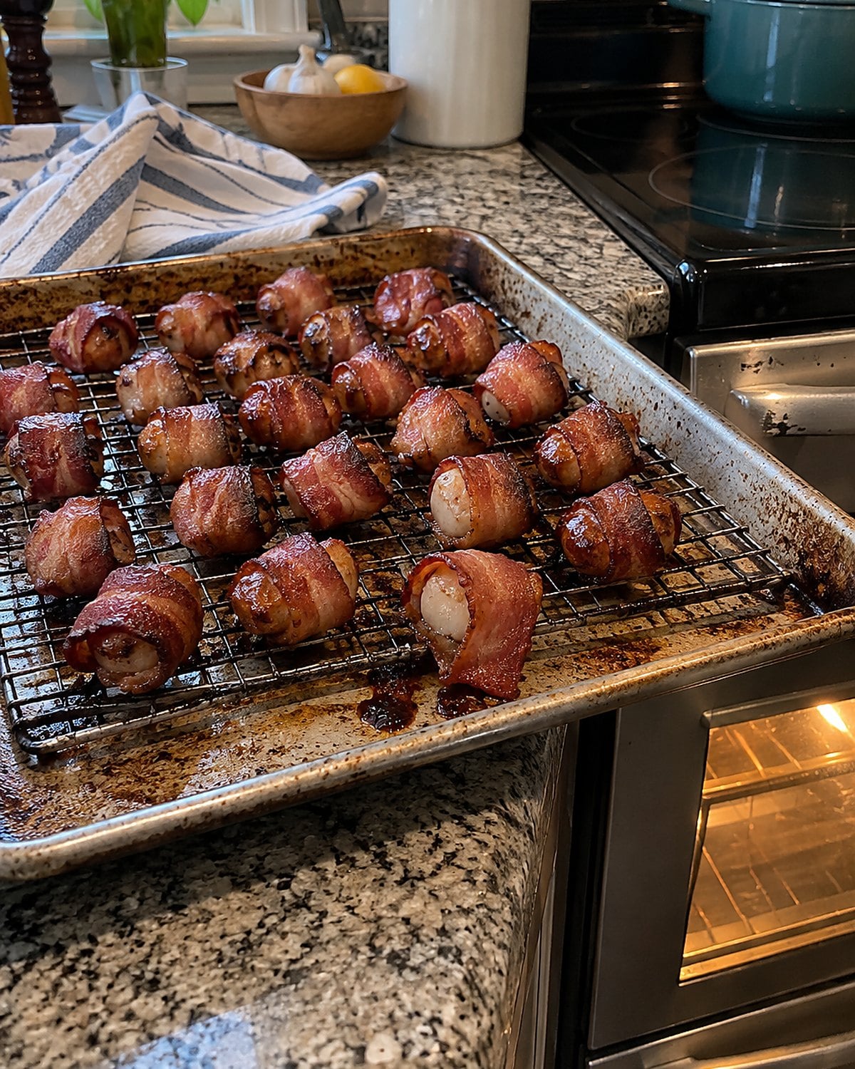 Bacon-wrapped water chestnuts on a wire rack over a stained baking sheet near the oven.