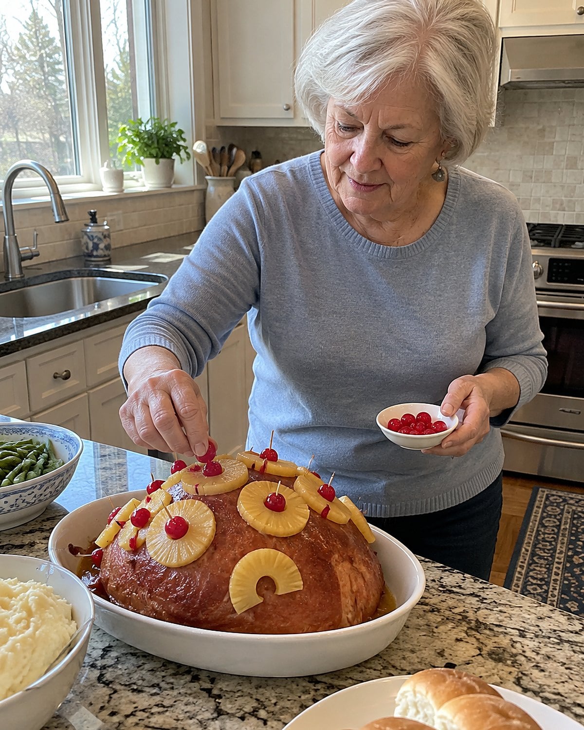 A hand lifting a red cherry from a small dish beside a pineapple-topped ham on the counter.