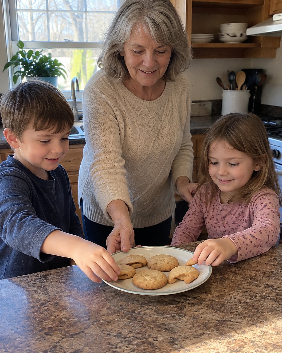 Grandchildrenโs hands reaching toward plain cookies on a low kitchen plate while a covered treat tin sits higher up.