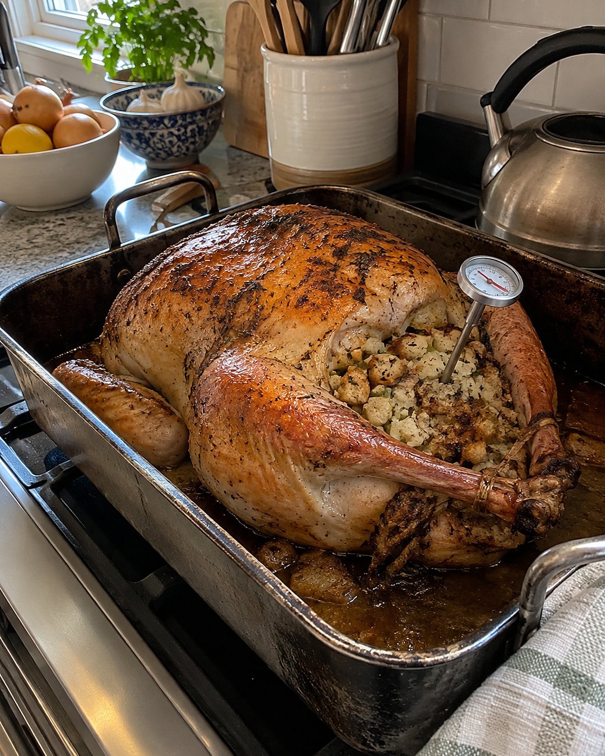 A turkey roasting pan on the stove with a thermometer inserted into the stuffing.