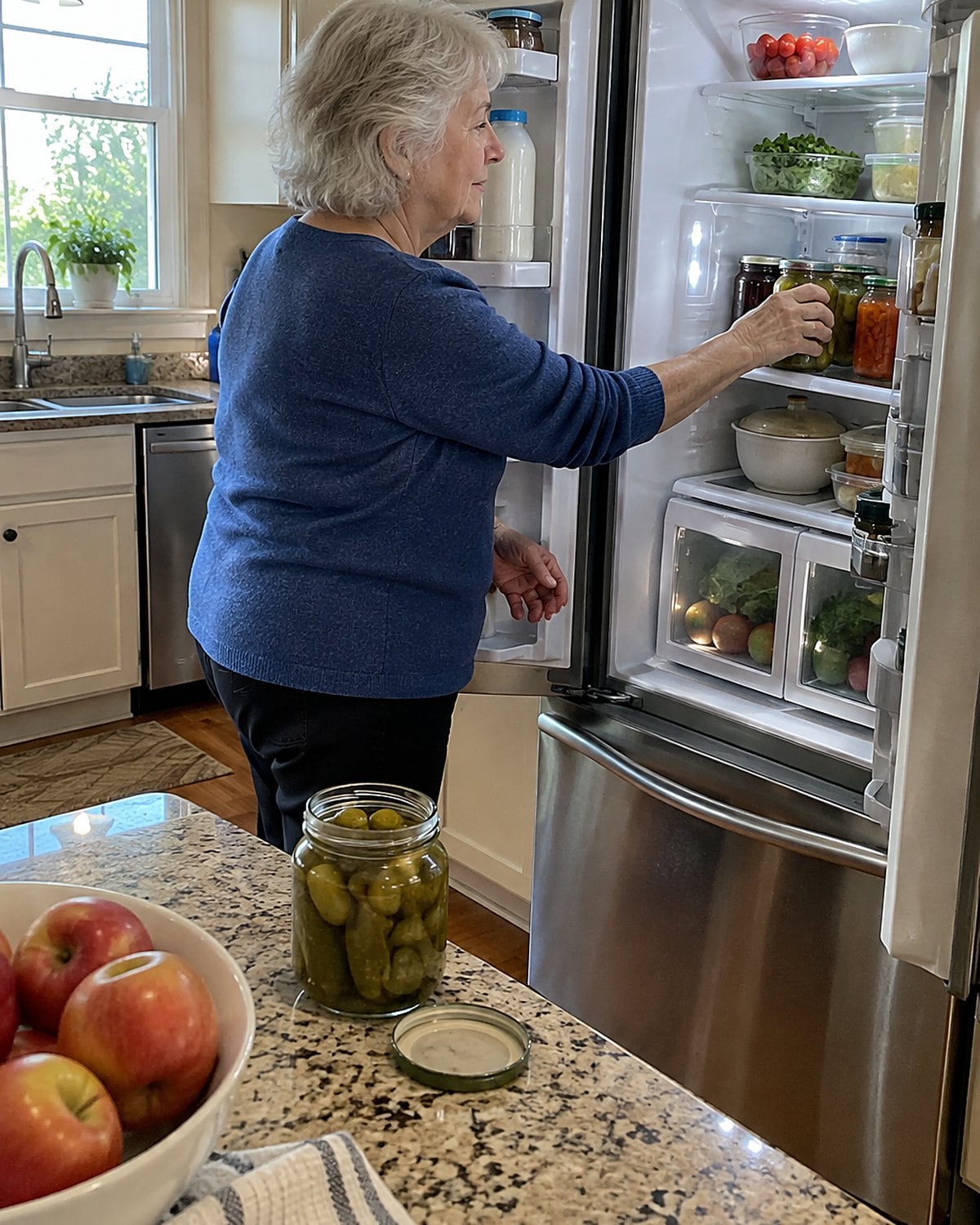 Hands setting glass pickle jars into a refrigerator beside a worn recipe card.