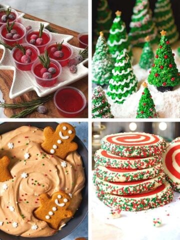 Christmas potluck ideas collage featuring red jelly shots, decorated tree cupcakes, gingerbread dip, and festive cookies.