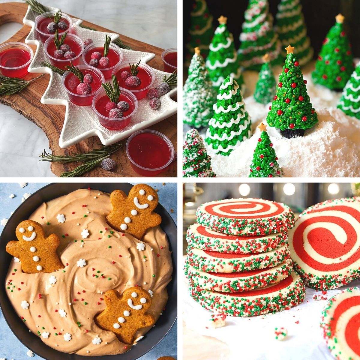 Christmas potluck ideas collage featuring red jelly shots, decorated tree cupcakes, gingerbread dip, and festive cookies.