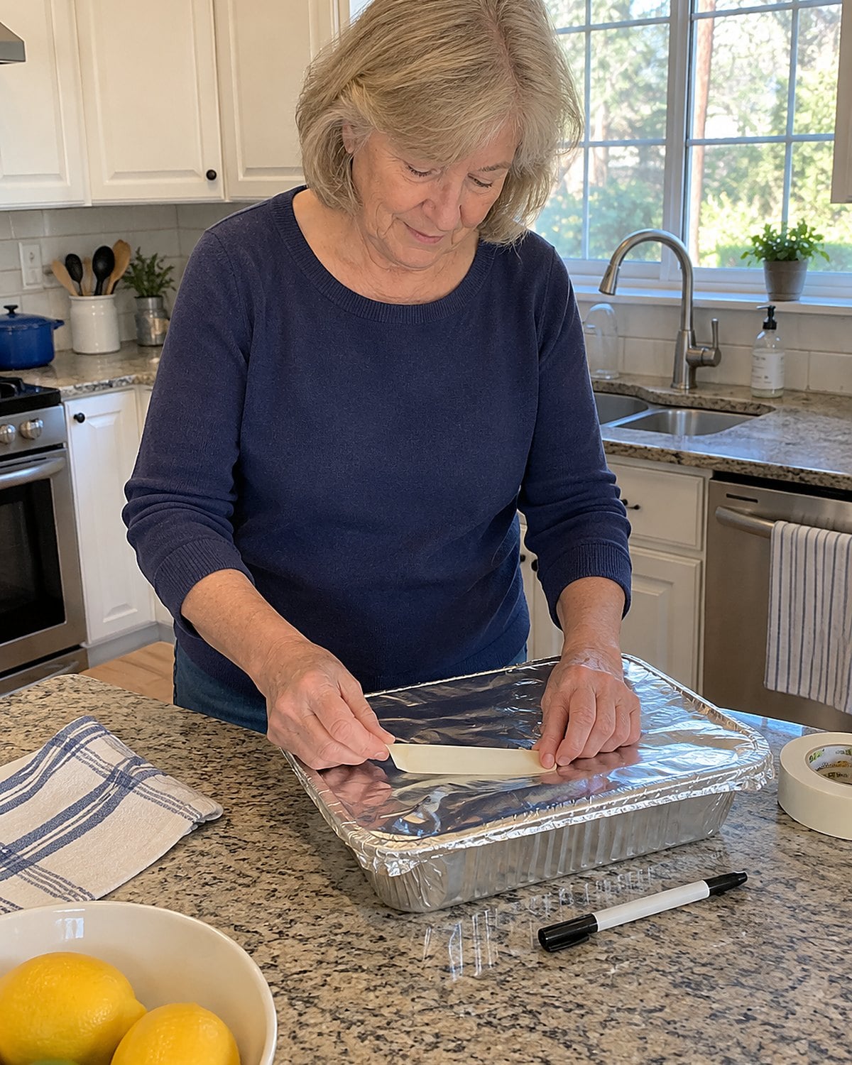 A hand writes on tape attached to a foil pan on a kitchen counter beside an uncapped marker.