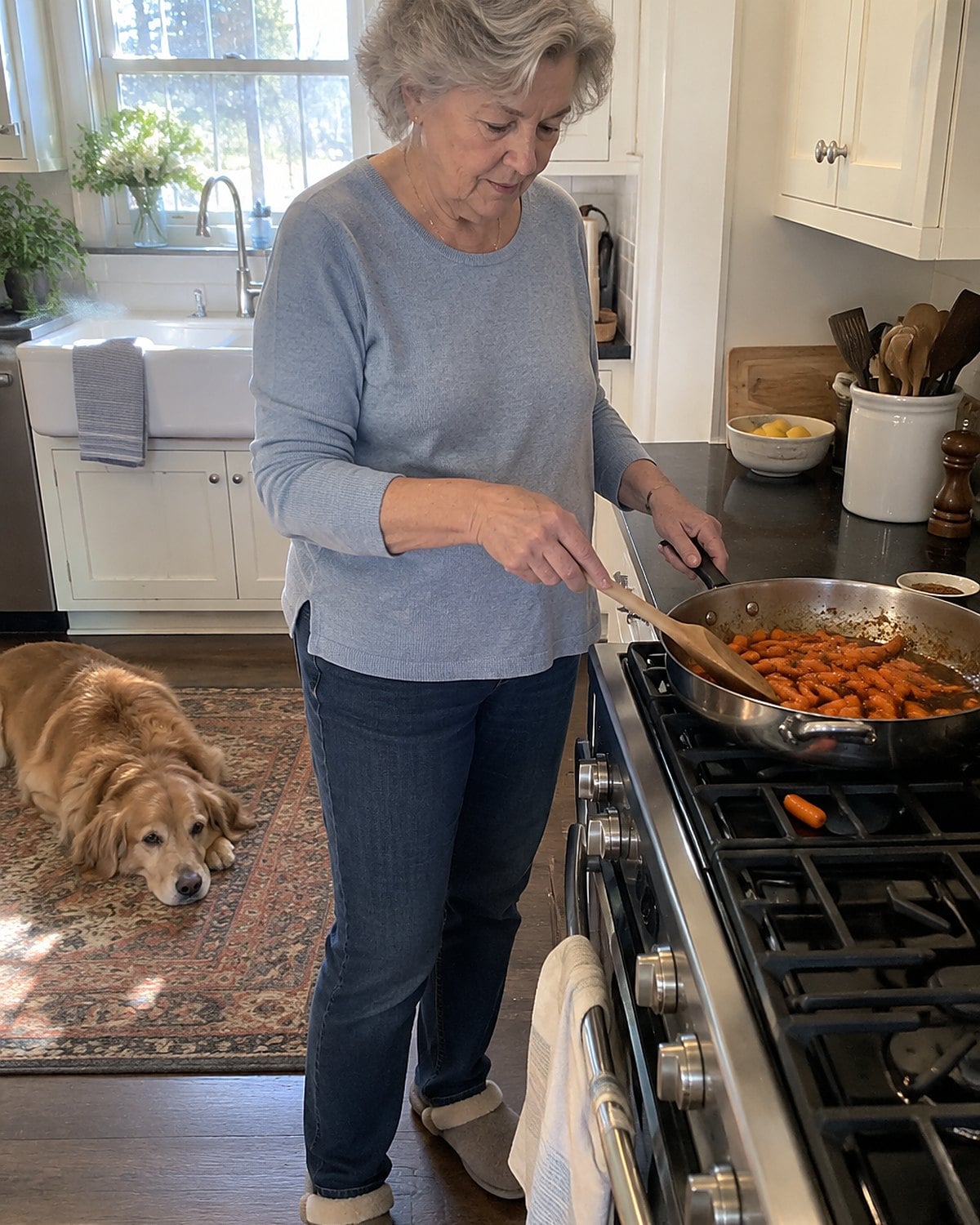 A spoon draws a trail through glazed carrots in a wide pan on the stove.