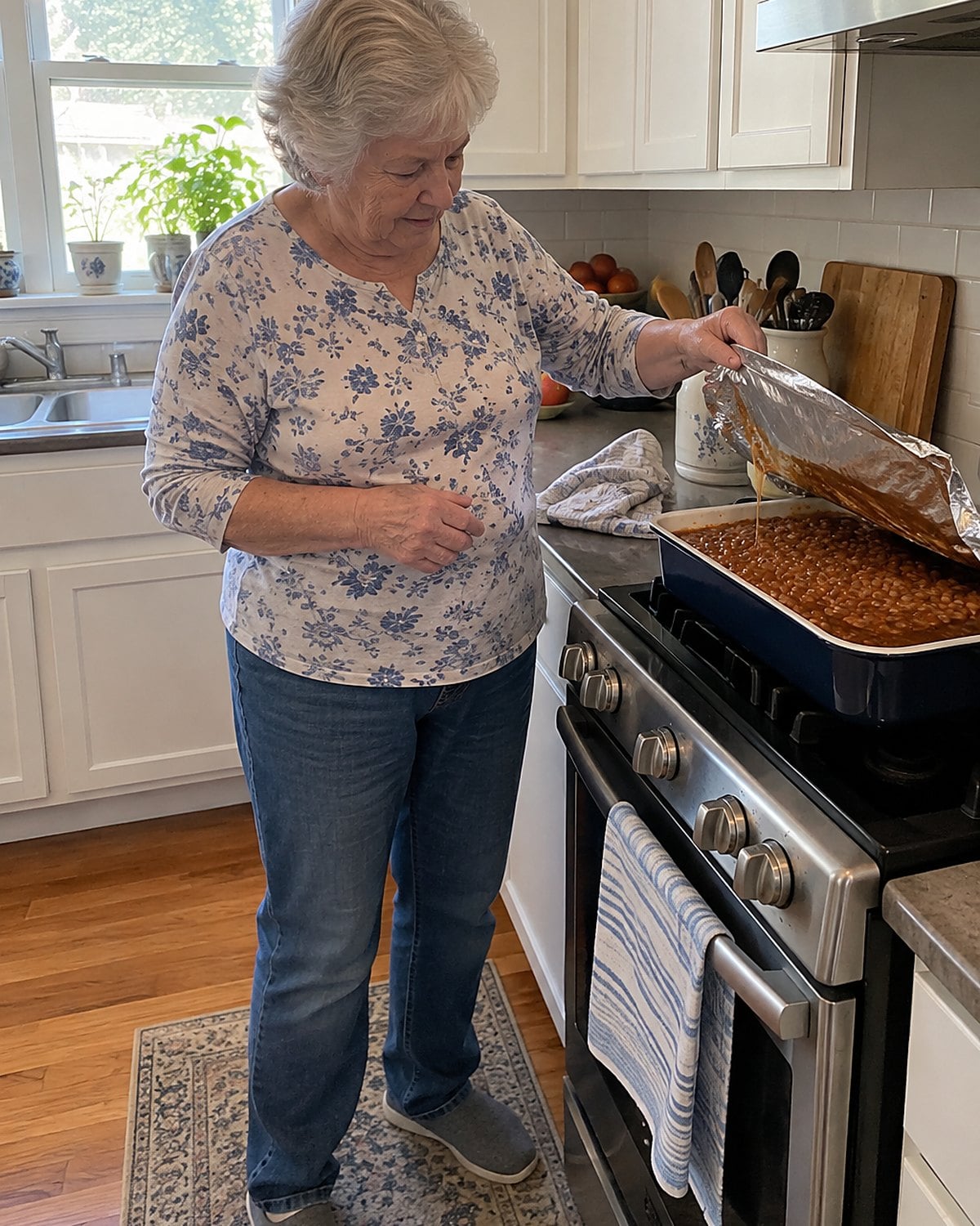A hand folds back the foil on a pan of baked beans near the stove.