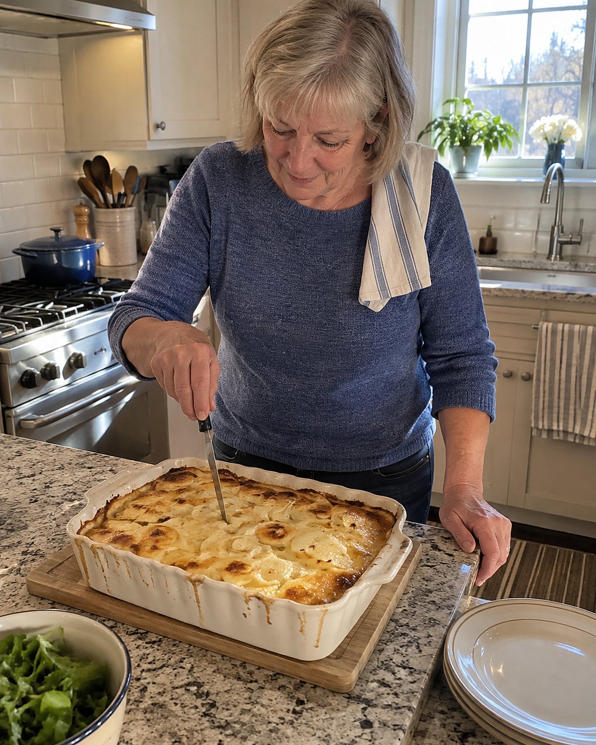 A knife tip pierces the center of scalloped potatoes beneath a browned crust in a baking dish.