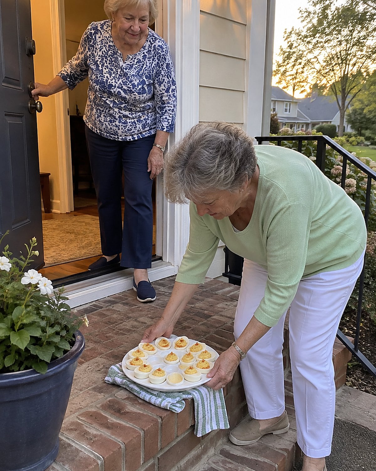 A hand steadies a deviled egg tray on a porch step while another holds the door.