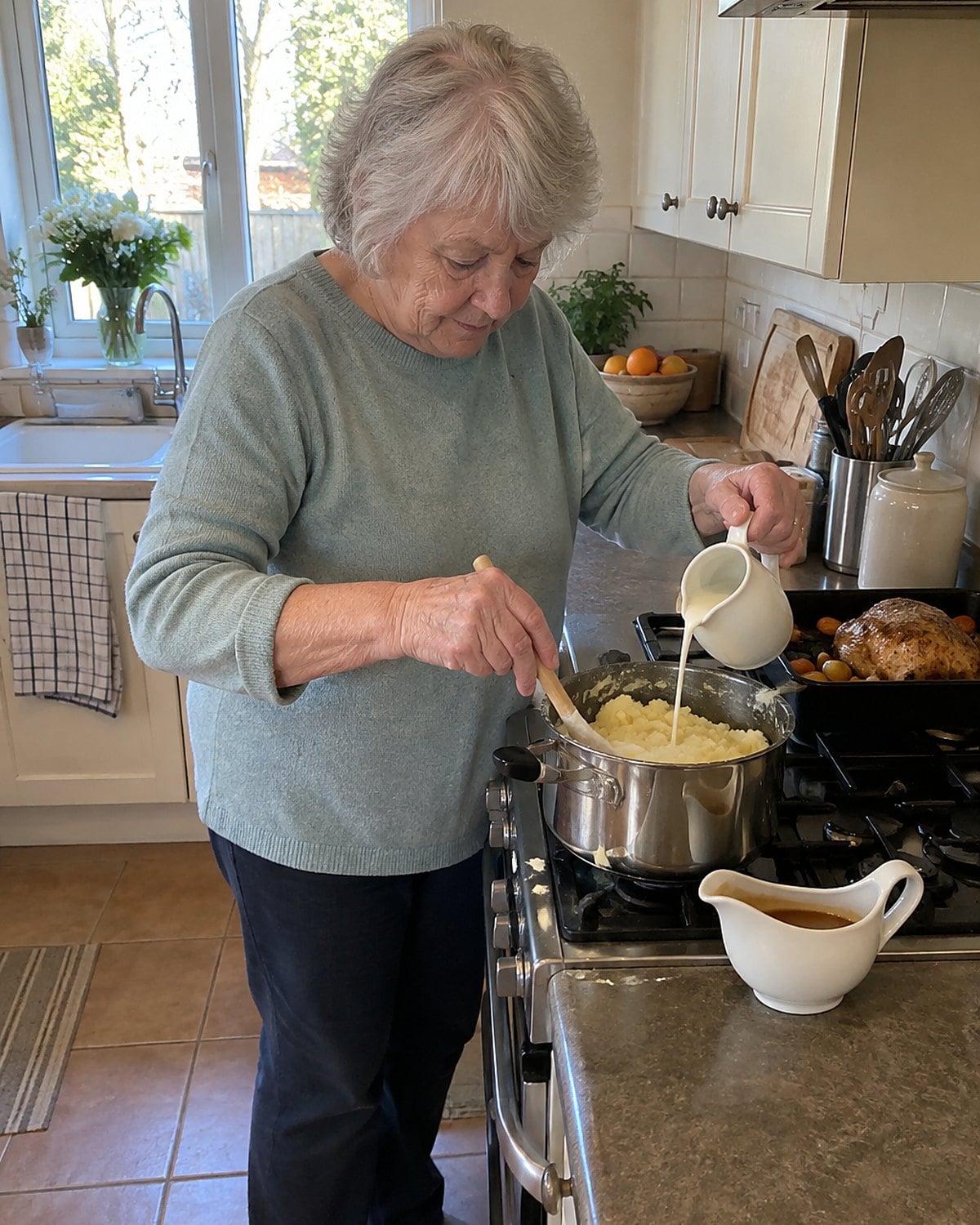 A hand stirs a splash of milk into mashed potatoes in a saucepan beside a small pitcher of gravy.
