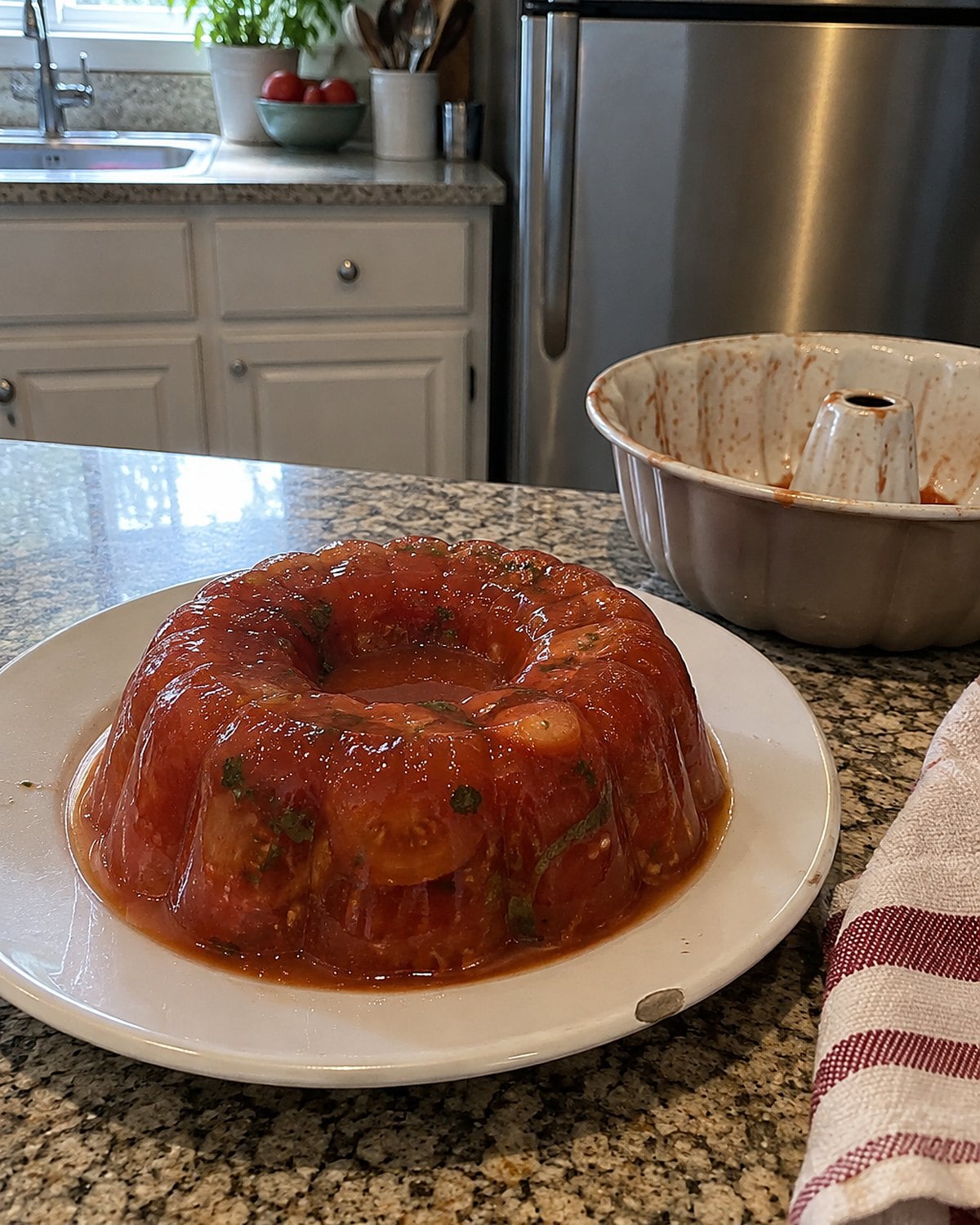 A slightly uneven tomato aspic sits on a chilled plate beside its empty mold.