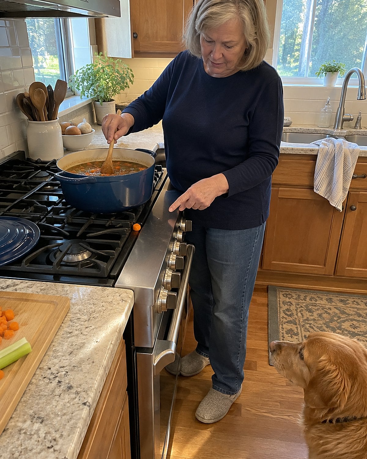 A wooden spoon stirs beef and vegetable soup in a Dutch oven on the stove.
