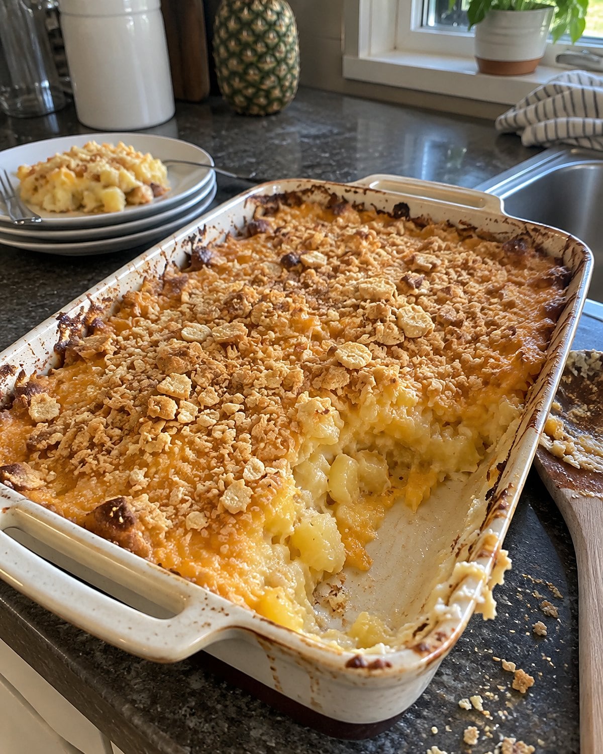 A baking dish of pineapple cheese casserole has one scooped corner and scattered cracker crumbs.