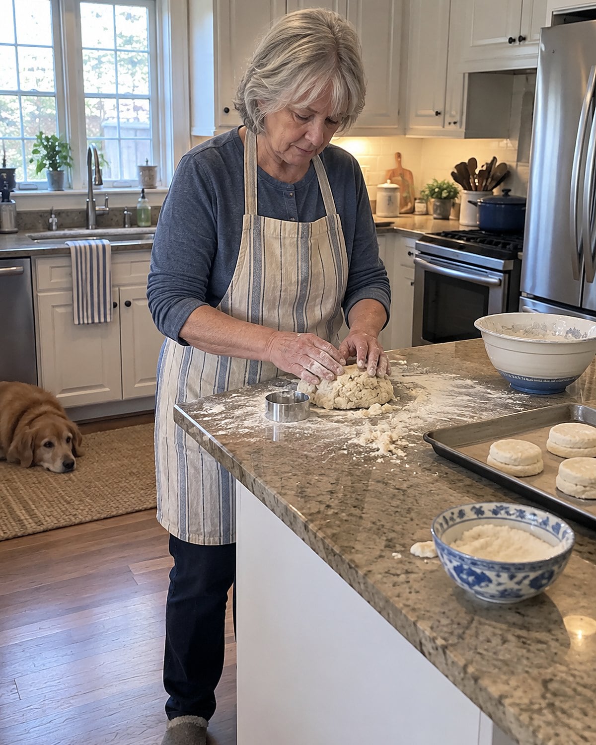 Flour-dusted hands press rough biscuit dough together beside a metal cutter on a kitchen counter.