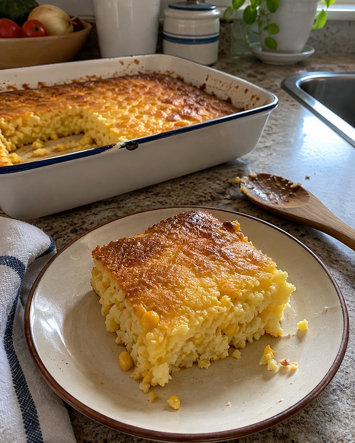 A slightly uneven square of corn pudding sits beside the baking dish on a kitchen counter.