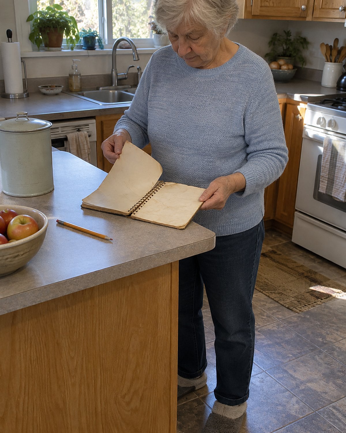 Older hands hold open a worn spiral-bound cookbook beside a pencil on the kitchen counter.