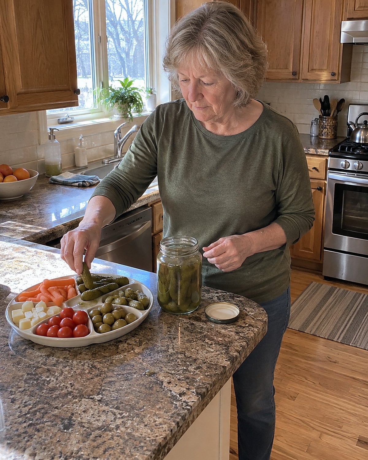 A hand takes a pickle from a divided dish beside a jar on the kitchen counter.