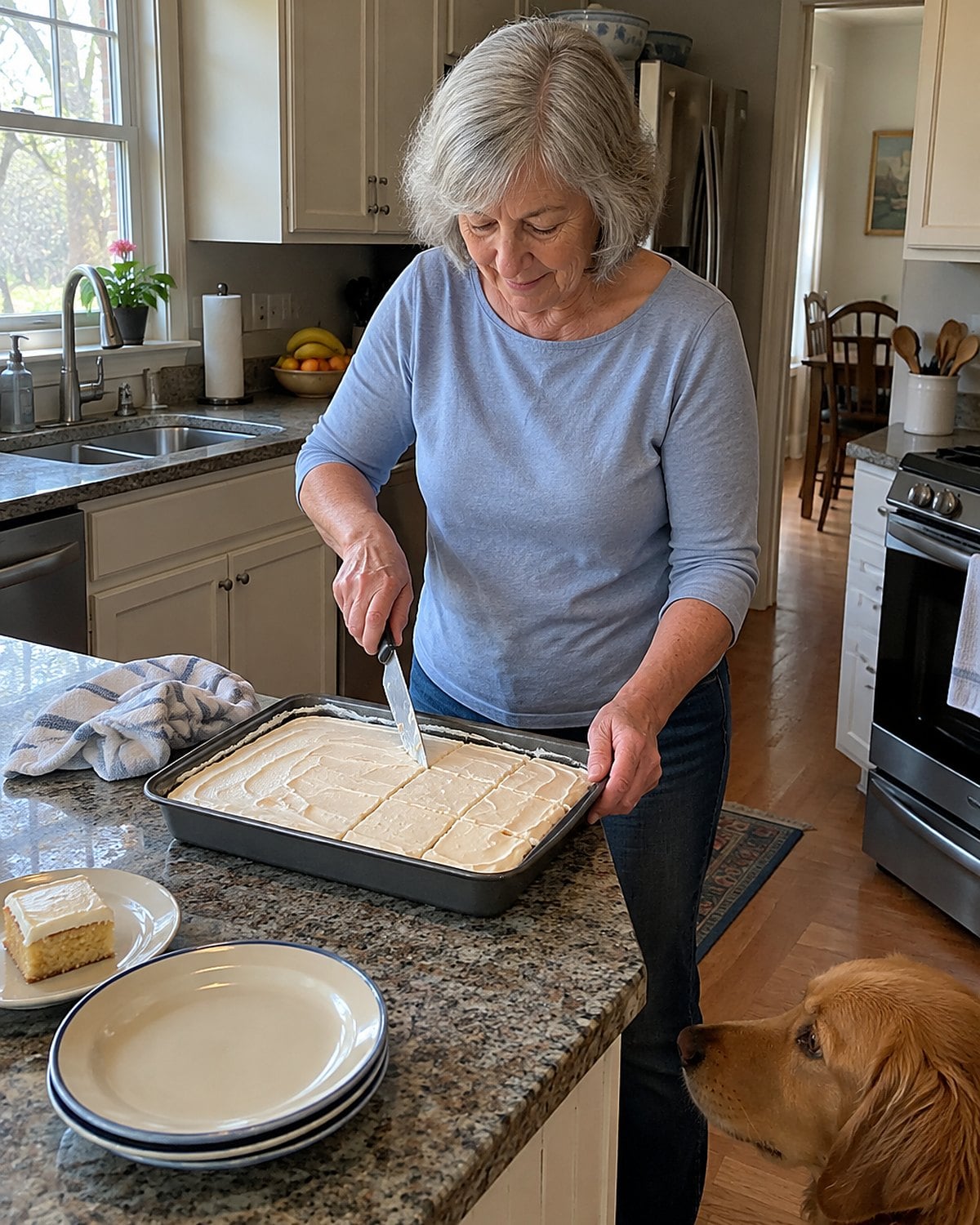 A hand cuts slightly uneven squares in a frosted sheet cake still in its pan.