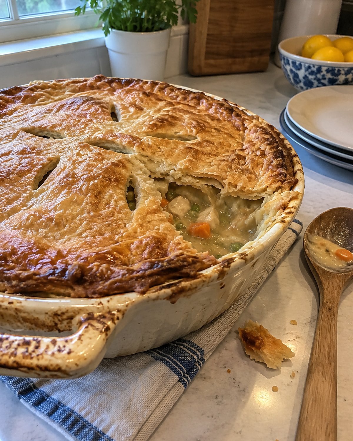 A chicken potpie with hand-cut vents rests in its baking dish, with gravy visible at a broken edge.