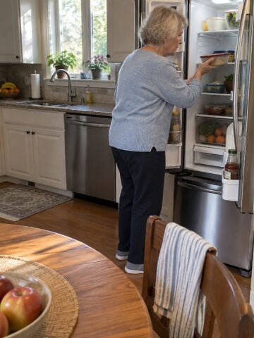 At an open fridge door in mid-morning, a woman in her seventies stands alone, moving a leftover container aside to see what's behind it.