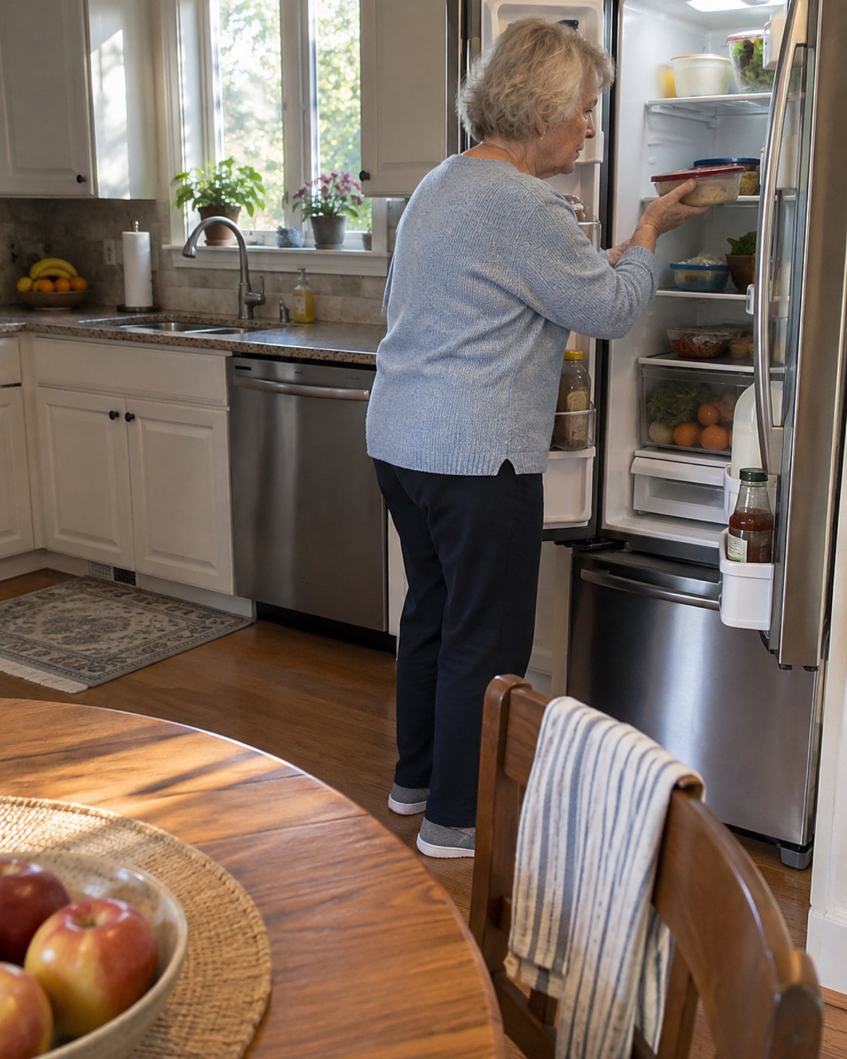 At an open fridge door in mid-morning, a woman in her seventies stands alone, moving a leftover container aside to see what's behind it.
