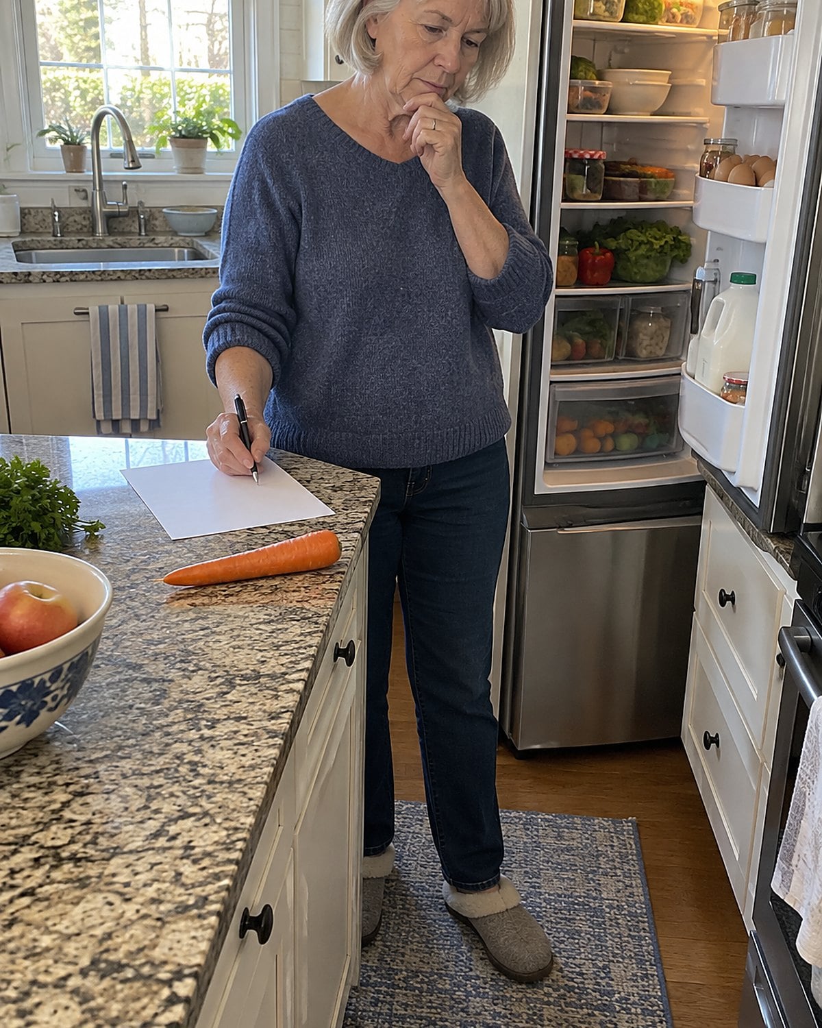 A hand holds a pen over a shopping list beside an open fridge and a single carrot on the counter.