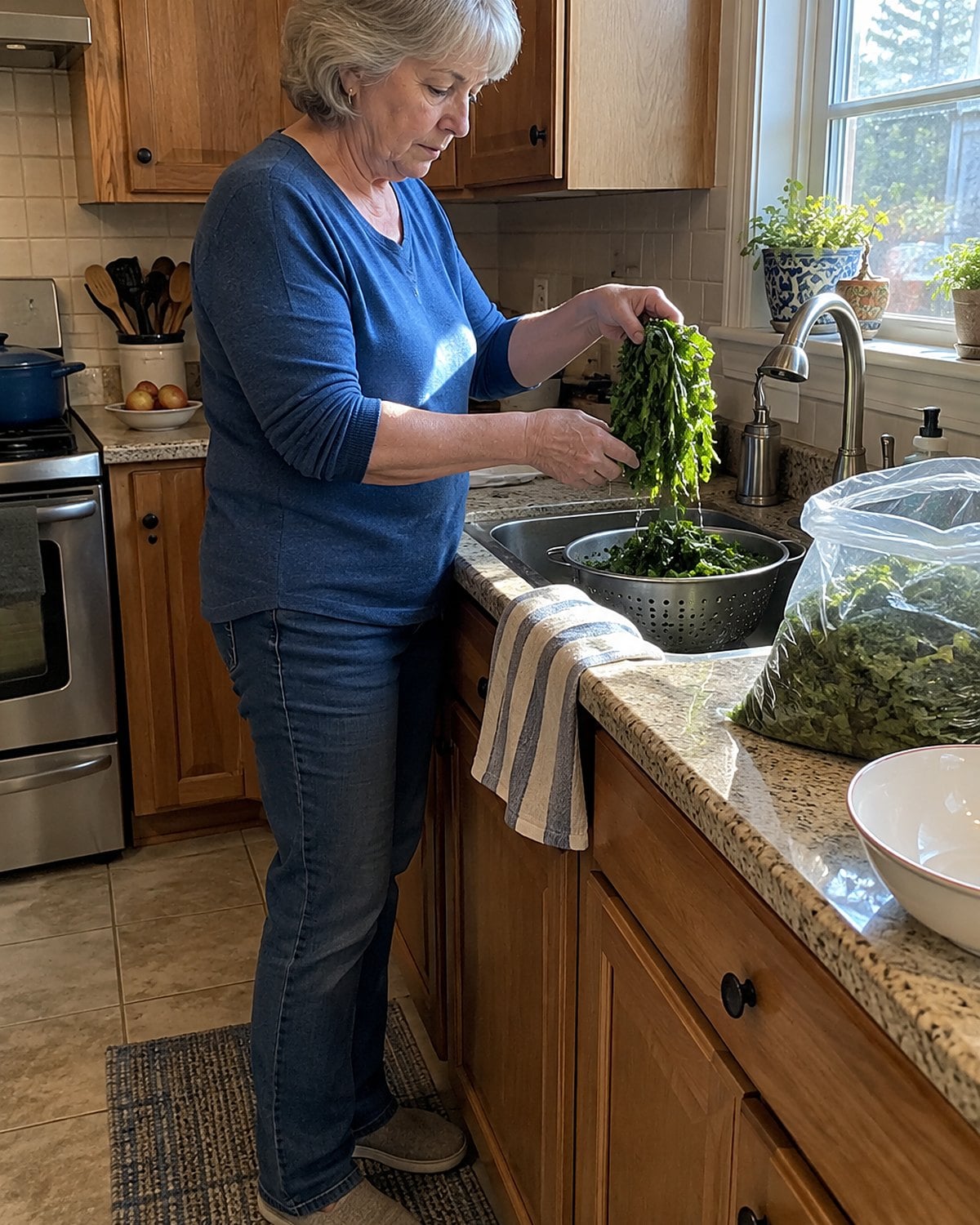 Hands lift washed greens from a colander at the sink while the rest of the bag sits dry nearby.
