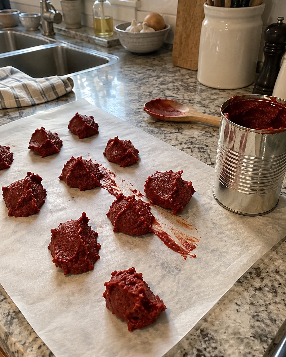 Small portions of tomato paste sit on parchment beside an opened can.