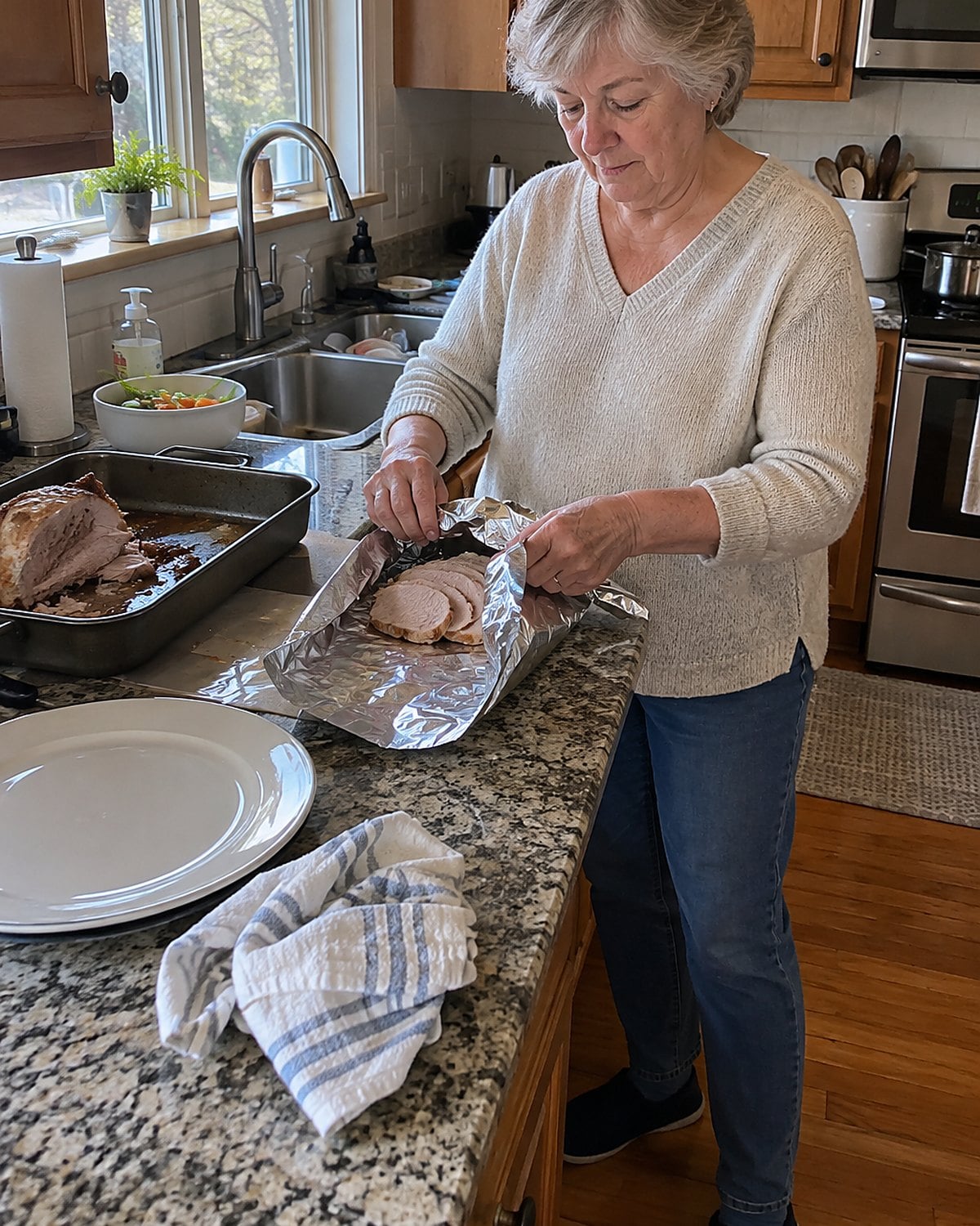 Hands wrap a portion of carved roast at the counter while the roasting pan sits nearby.