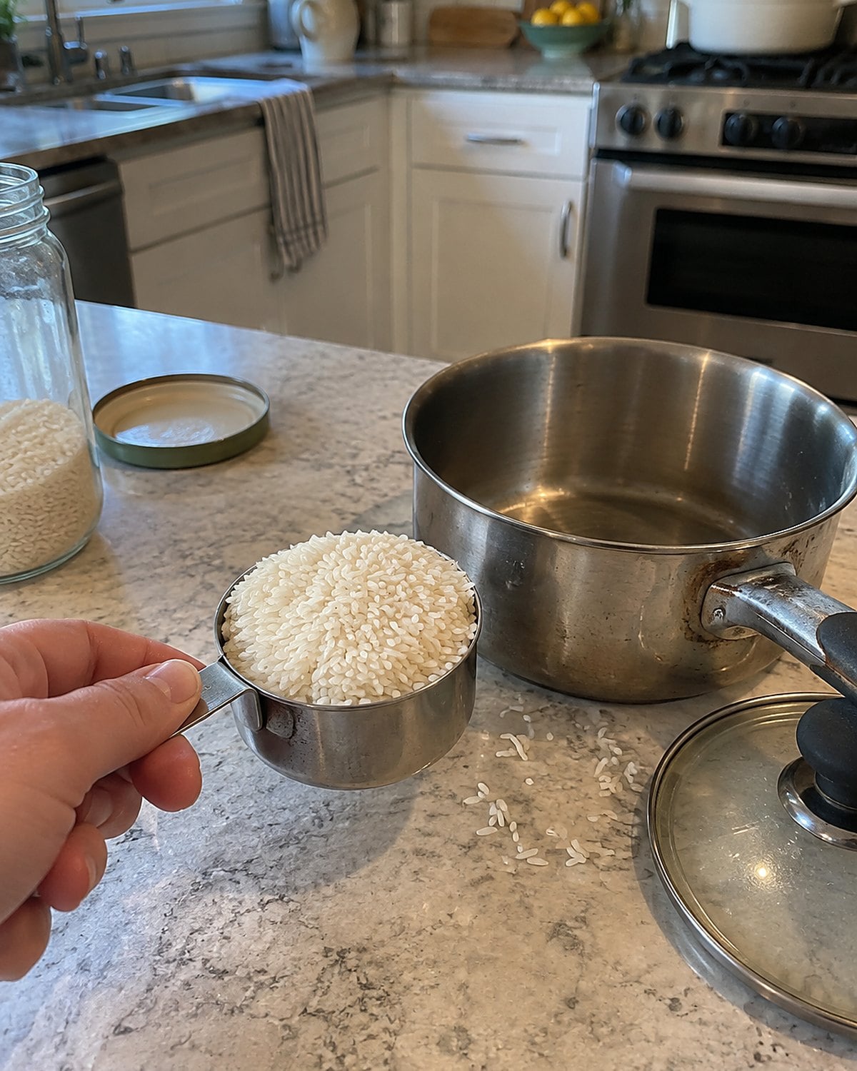 A scoop of dry rice rests beside a small saucepan and its lid.