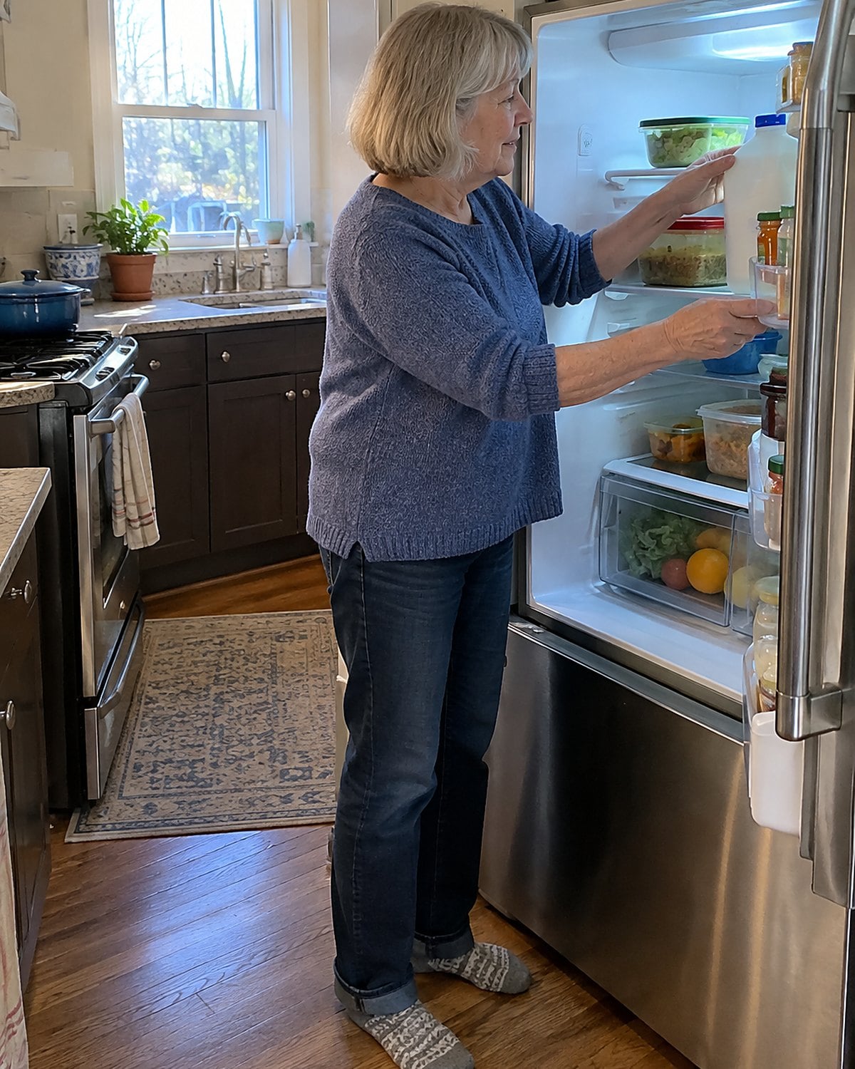 A hand moves a milk carton to reveal a covered leftover container on a refrigerator shelf.