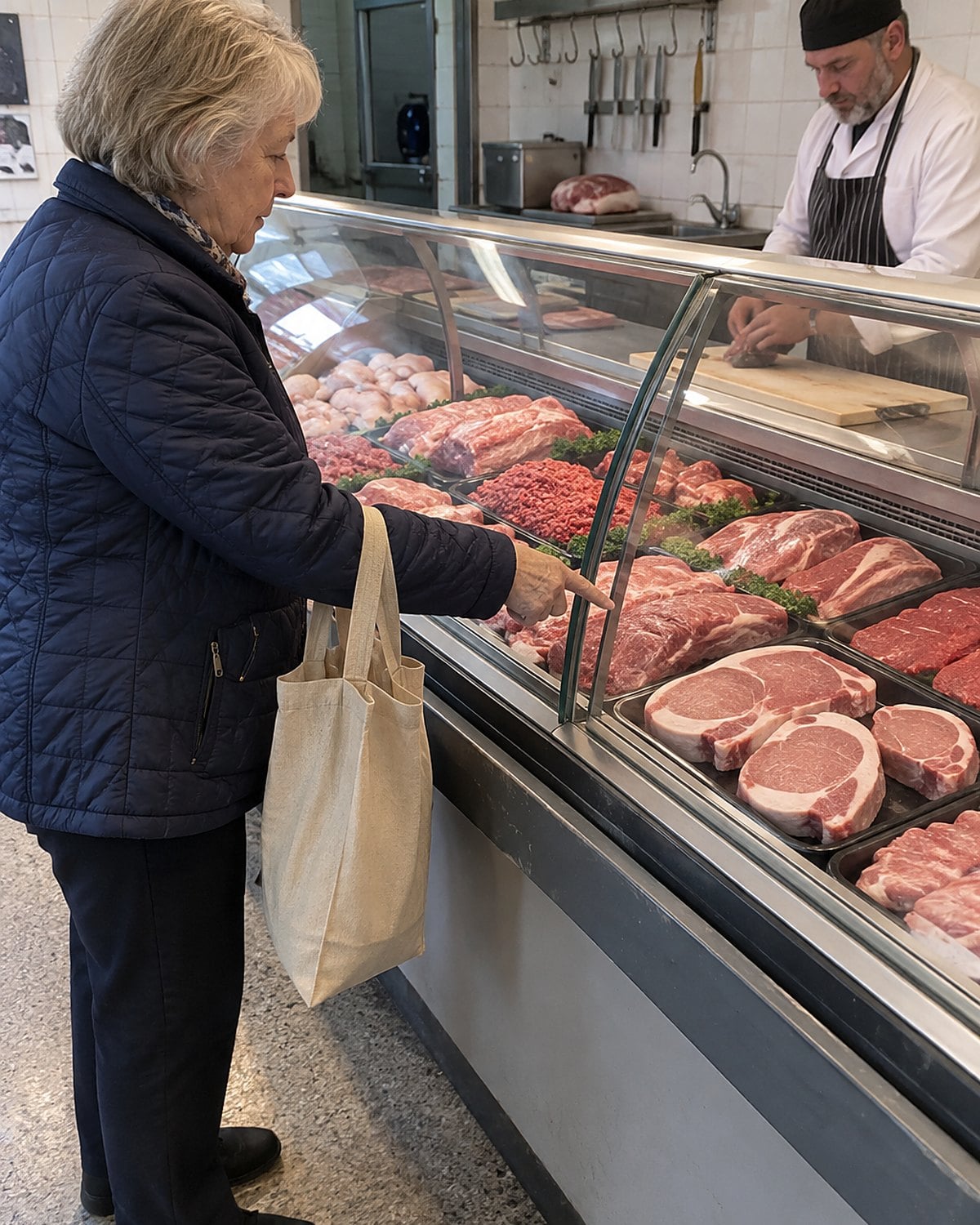 A shopper's hand points to a thick pork chop in a butcher's display case.
