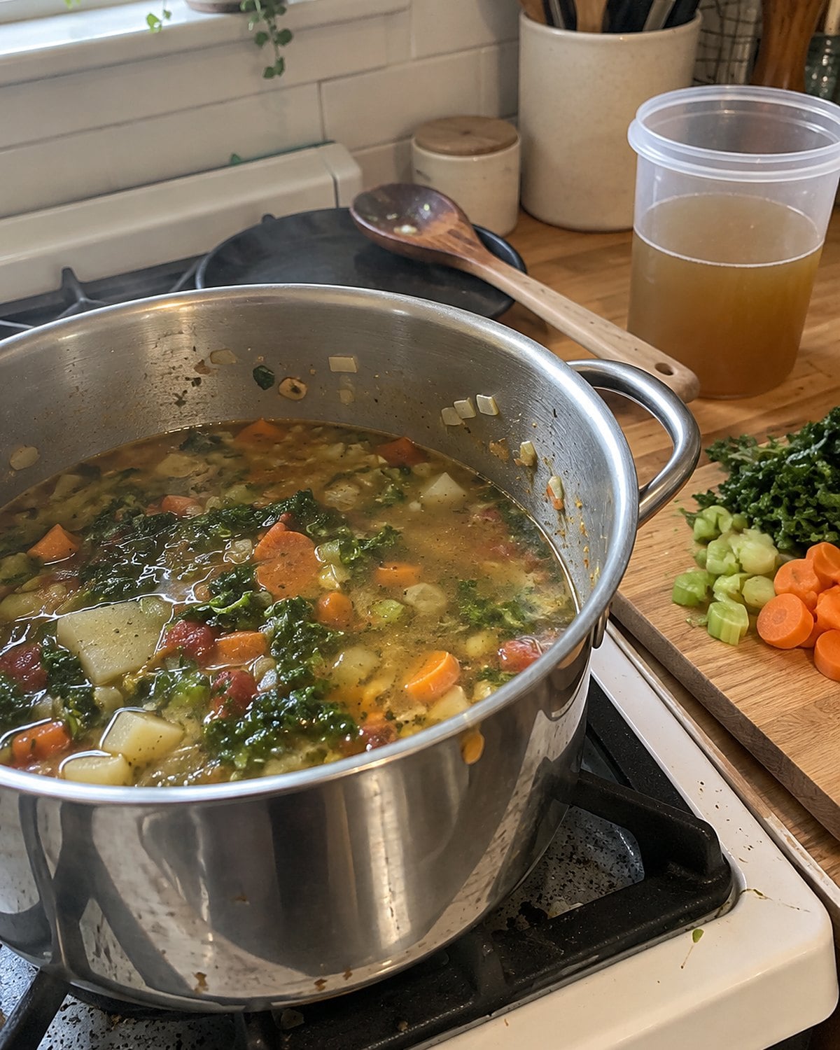 A pot of vegetable soup sits partly filled on a worn stovetop beside a broth carton.